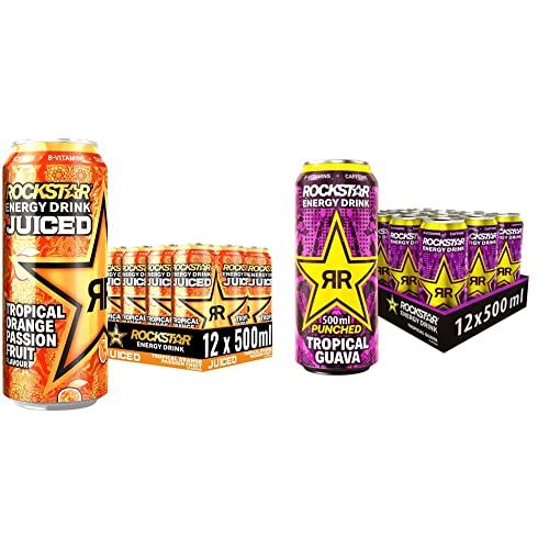 Rockstar Energy Drink Juiced mit Mango, Orange & Passionsfrucht - Koffeinhaltiges Erfrischungsgetränk für den Energie Kick, EINWEG (12x 500ml) & Energy Drink Punched Tropical Guava - EINWEG (12x500ml) von Rockstar Games