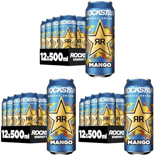 Rockstar Energy Drink Mango - Exotisches, koffeinhaltiges Erfrischungsgetränk mit Mango Geschmack für den Energie Kick, EINWEG (12 x 500ml) (Verpackungsdesign kann abweichen) (Packung mit 3) von Rockstar