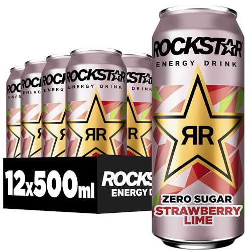 Rockstar Energy Drink Strawberry Lime Zero Sugar - Koffeinhaltiges Erfrischungsgetränk ohne Zucker für den Energie Kick, EINWEG (12 x 500ml) von Rockstar