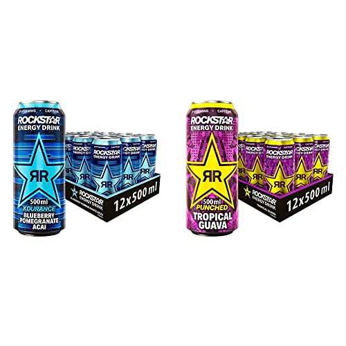 Rockstar Energy Drink XDurance Blueberry - Koffeinhaltiges Erfrischungsgetränk für den Energie Kick, EINWEG (12x 500ml) & Energy Drink Punched Guava - Exotisches (12x 500ml) von Rockstar