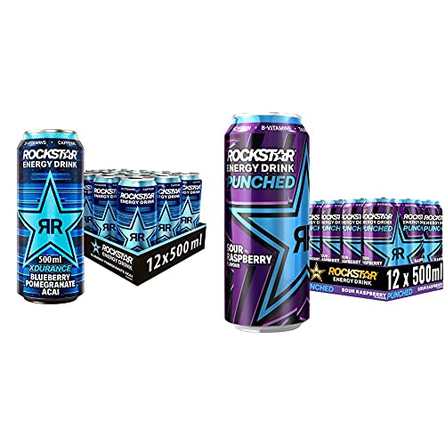 Rockstar Energy Drink XDurance Blueberry - Koffeinhaltiges Erfrischungsgetränk für den Energie Kick, EINWEG (12x 500ml) & Energy Drink Super Sours Blue Raspberry - Saures, EINWEG (12x 500ml) von Rockstar