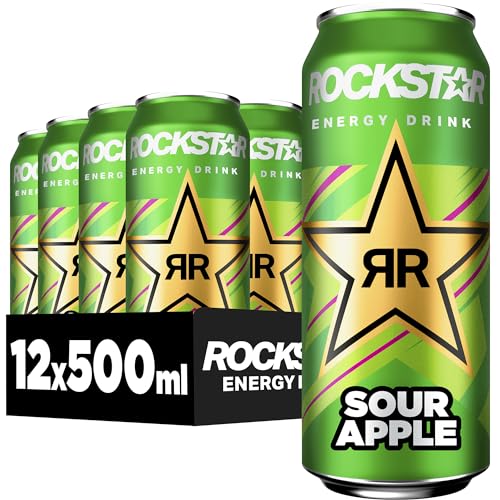 Rockstar Energy Drink Sour Apple - Saures, koffeinhaltiges Erfrischungsgetränk für den Energie Kick, EINWEG (12 x 500ml) (Verpackungsdesign kann abweichen) von Rockstar