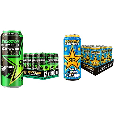 Rockstar XD Power Waldmeister Boost - Koffeinhaltiges Erfrischungsgetränk, EINWEG (12x 500ml) & Baja Juiced Energy Drink El Mango – Exotisches, mit Mango Geschmack, EINWEG (12x 500ml) von Rockstar