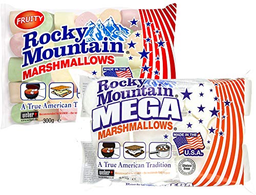 Rocky Mountain Marshmallows Probierset Fruity & Mega, bunte traditionell Amerikanische Süßigkeiten zum Rösten am Lagerfeuer, Grillen oder Backen, Fruchtgeschmack, (1x300g, 1x340g) von Rocky Mountain Marshmallows