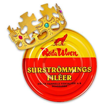 Surströmming Party-Set Röda Ulven 300g Dose (fermentierte Heringe) - 400g/300g Fisch | inkl. exklusiver Krone | (Challenge Heringsfilet) von Röda Ulven