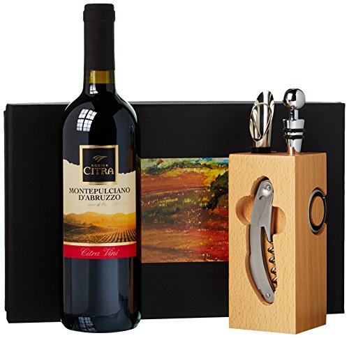 Geschenk Set Buche-Block mit Wein-Accessoires und 0,75 l Rotwein von Römer Präsente