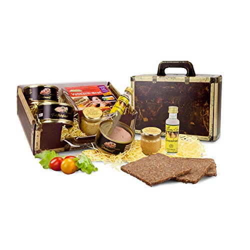 Römer Präsente Geschenkset herzhafter Reisekoffer: 6-teilig; 500 g Vollkornbrot, 2 Wurstkonservendosen; Senf, Williams + Koffer als Geschenkverpackung; ca. 23 x 16 x 8 cm von Römer Präsente