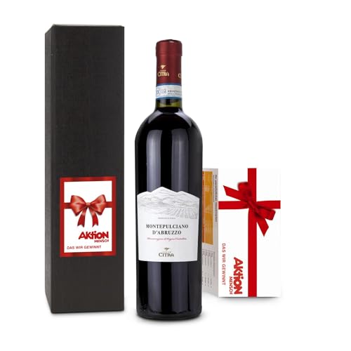 Römer Präsente Geschenkset Aktion Mensch: 3-teilig; 1 Rotwein (Montepulciano d'Abruzzo, 0,75 l) + 1 XTRA-SUPERLOS der Aktion Mensch für 1 Monat + Geschenkdose von Römer Präsente