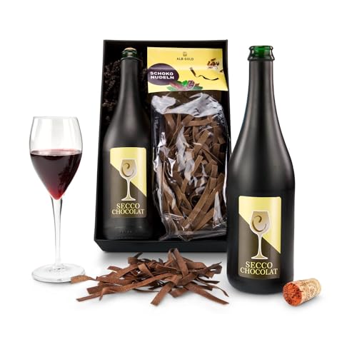 Römer Präsente Geschenkset Dessert de Chocolat: 3-teilig; Schoko-Nudeln (250 g) + Schoko-Secco (0,75 l) + Geschenkbox. Schoko-Nudeln einfach mit Milch kochen und Secco dazu genießen! von Römer Präsente