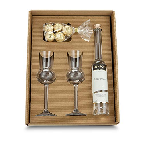 Römer Präsente Geschenkset Grappa Variationen: 9-teilig; 1 edler Grappa (100 ml) + 2 Grappa Gläser + 5 Grappatrüffel + Geschenkbox. Festes und Flüssiges für Grappa-Liebhaber! von Römer Präsente