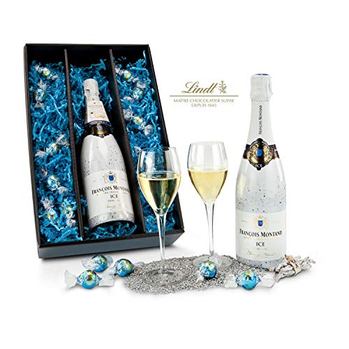 Römer Präsente Geschenkset Ice Edition: 14-teilig; 1 Sekt Francois Montand Ice Edition + 2 Sekt-Gläser + 10 Lindt Lindorkugeln Stracciatella - eine perfekte, eis-frische Kombination! von Römer Präsente