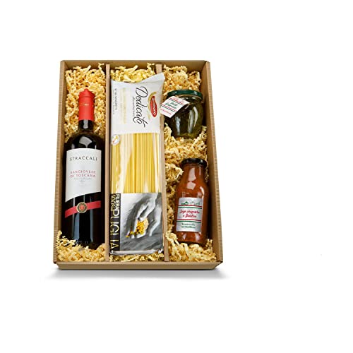 Römer Präsente Geschenkset Pasta Basta: 5-teilig; 1 Sangiovese Rotwein, 250 g Tomaten-Pasta, 180 g Pesto Genovese und 1 Glas Tomaten-Sugo in schöner Schmuckwelle von Römer Präsente