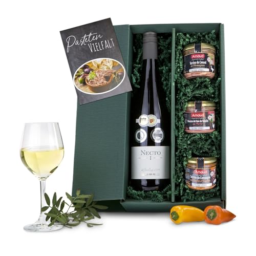 Römer Präsente Geschenkset Pasteten Variationen: 5-teilig; 1 Riesling Necto I (0,75 l) Weißwein + 3 verschiedene Terrinen (1 de Lapin, 1 Rustique und 1 Mousse de Foie; je 90 g) + Geschenkkarton von Römer Präsente