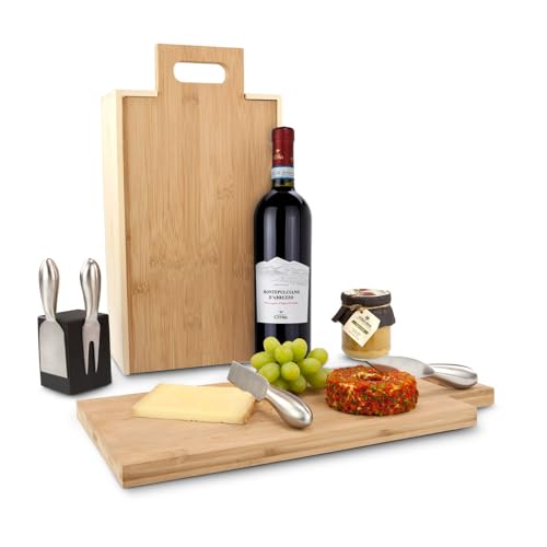 Römer Präsente Geschenkset Say Cheese: 8-teilig; 1 Montepulciano Rotwein, 1 Glas Feigensenf, 1 ROMINOX- Käsemesserblock (magnetisch) mit 4 Besteckteilen in wandelbarer Weinverpackung als Käsebrett von Römer Präsente