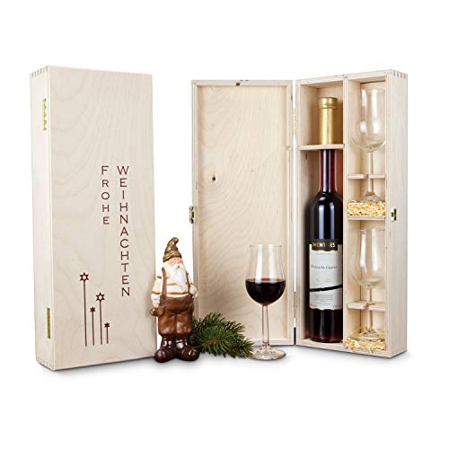 Römer Präsente Geschenkset Weihnachts-Liqueur: 4-teilig; 1 winterlicher Beeren-Liqueur (0,35 l) + 2 Likör-Gläser in Holzkiste mit Weihnachtsdruck; Maße: ca. 40 x 16 x 8 cm von Römer Präsente