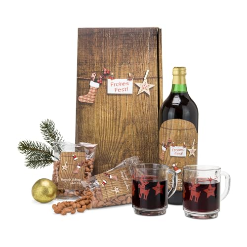 Römer Präsente Geschenkset Weihnachtsmarkt: 5-teilig; 1 Glühwein (0,75 l), 2 Heißgetränketassen, 175 g gebrannte Erdnüsse in rustikaler Geschenkverpackung von Römer Präsente