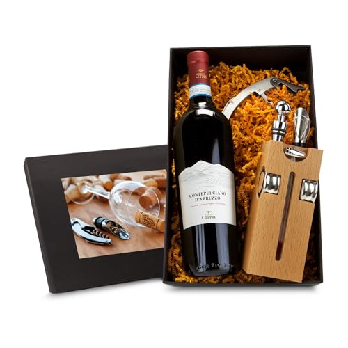 Römer Präsente Geschenkset Buche-Block mit Wein: 8-teilig; Buche-Block mit ROMINOX Weinaccessoires (Korkenzieher, Tropfringe, Weinthermometer, Flaschenstopfen, Ausgießer) + 1 Rotwein Montepulciano von Römer Präsente