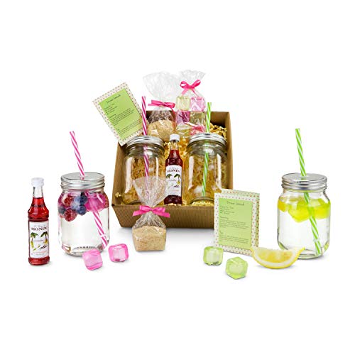 Römer Präsente Geschenkset Fresh Lemonade: 16-teilig! 2 Limonadengläser mit 2 Deckeln & 2 Mehrwegstrohhalmen; 6 wiederverwendbare Eiswürfel, Rohrzucker, Monin Sirup + Rezeptkarte in Geschenkbox von Römer Präsente