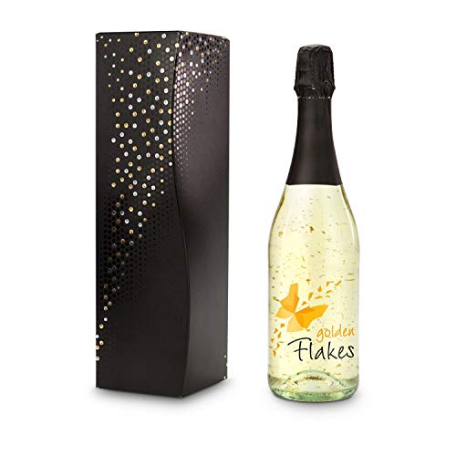 Römer Präsente Geschenkset Gold-Perlen: Golden Flakes Schaumwein mit echtem, lebensmittelechtem Blattgold (0,75 l); Funkelt beim Ausgießen; In schwarzer Geschenkbox mit Goldperlen Effekt von Römer Präsente