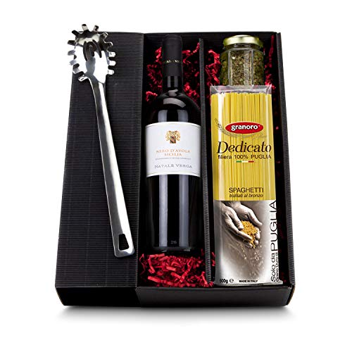 Römer Präsente Geschenkset Spaghettizeit; 5-teilig; 1 ROMINOX Edelstahl Spaghettiheber, 1 Rotwein Nero d’Avola (0,75 l), Basilikum (8 g) und Spaghetti al bronzo (500 g) in Geschenkkarton von Römer Präsente