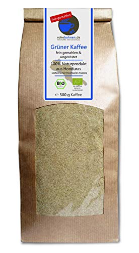 Grüner Bio Kaffee FEIN GEMAHLEN 500g (veganer Rohkaffee z. B. für Smoothies) - GMP zertifiziert von Rohebohnen
