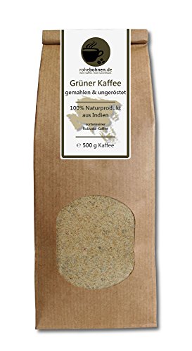 Grüner Kaffee gemahlen - Indien Robusta (Rohkaffee gemahlen 500g) - GMP zertifiziert von Rohebohnen