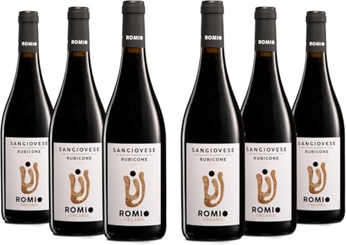 Romio Organic Rotwein Sangiovese BIO Rubicone IGT mit Noten Reifer Kirschen und Brombeere und einem Voluminösen Körper. 12,5% Vol., Karton mit 6 Flaschen mit jeweils 750 ml von Romio
