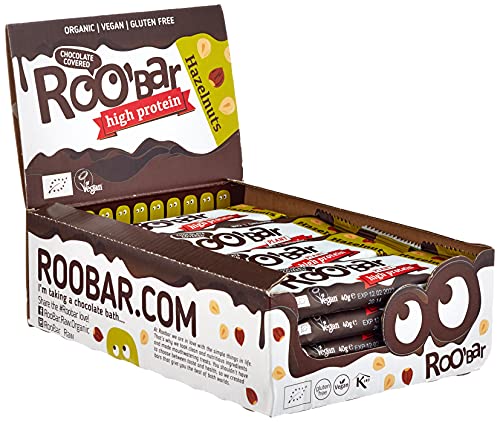 Roobar High Protein Haselnuss-Riegel mit Schokoladenüberzug – 100% Bio, Vegan, Fruchtriegel, milchfrei & glutenfrei, ohne raffinierten Zucker - 16 x 40g Riegel von ROOBAR