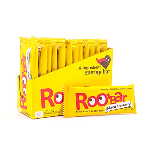 Roobar Rohkostriegel Maca & Cranberry – Milchfrei & Glutenfrei, 100% Bio, Vegan, Roh, mit Superfoods, Ohne Zusatz von raffiniertem Zucker – 12 x 30g Riegel in einer Box von ROOBAR