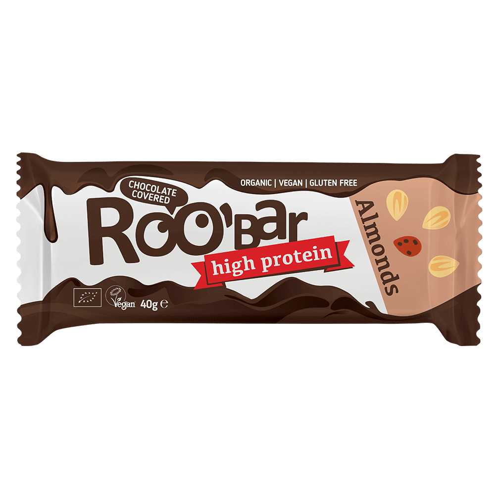 Bio Proteinriegel mit Mandeln, umhüllt mit Schokolade Bio Proteinriegel mit Mandeln, umhüllt mit Schokolade von Roobar