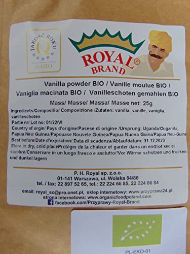 Royal Brand BIO Vanilleschotenpulver/Gemahlene Bio-Vanille / 25 g/Ohne Pestizide und Pflanzenschutzmittel/Bio-Vanillepulver von Royal Brand