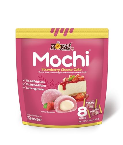 ROYAL FAMILY Mochi - Strawberry Cheesecake, gefüllte Klebreiskuchen nach japanischer Art, Süßer Snack Nachtisch, Asiatische Süßigkeiten (1x120g, 8 Mochis pro Packung) von Royal Family
