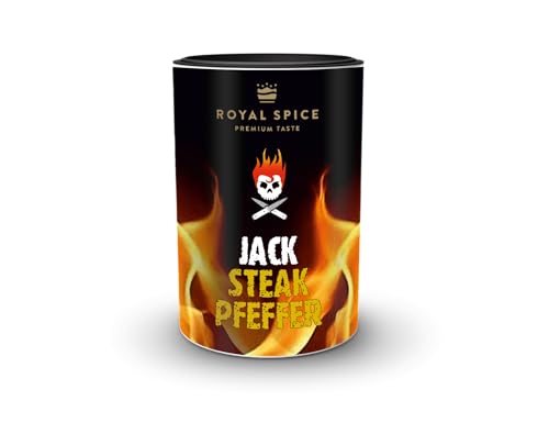 Jack Steakpfeffer Gewürz in Restaurantqualität, mischung für beste Steaks von Rind, Schwein und Geflügel sowie Dry Aged Fleisch. Mit Knusprigem BBQ Salz und 7 Pfeffersorten von Royal Spice