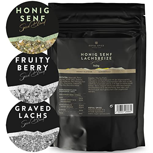Royal Spice Lachsbeize Honig Senf 140g - Lachs Beize Trockenmarinade für 2kg Fisch - Aromatische Honignote mit knackigem Senf - Einfache Anwendung & Perfekte Ergebnisse auch ohne Räuchern von ROYAL SPICE