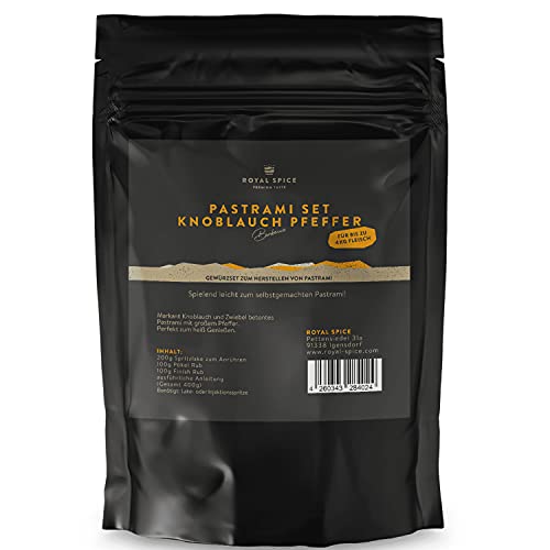 Royal Spice Pastrami Set - Knoblauch Pfeffer 400g für ~ 4kg Fleisch - 3er Pastrami Gewürzmischung Set für perfekte, selbstgemachte Pastrami Sandwiches! - Pastrami Gewürz Set aus 1 Spritzlake, 2 Rub von ROYAL SPICE