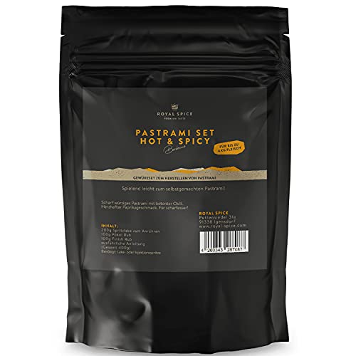 Royal Spice Pastrami Set - Hot & Spicy 400g für ~ 4kg Fleisch - 3er Pastrami Gewürzmischung Set für perfekte, selbstgemachte Pastrami Sandwiches! - Pastrami Gewürz Set aus 1 x Spritzlake, 2 x Rub von ROYAL SPICE