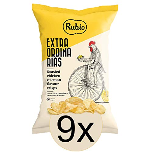9x Rubio Chips Grillhähnchen Zitrone, Glutenfrei, Vegan, Großpackung, Spanische Kartoffelchips, Chipstüten, Snack, 110 g von Rubio