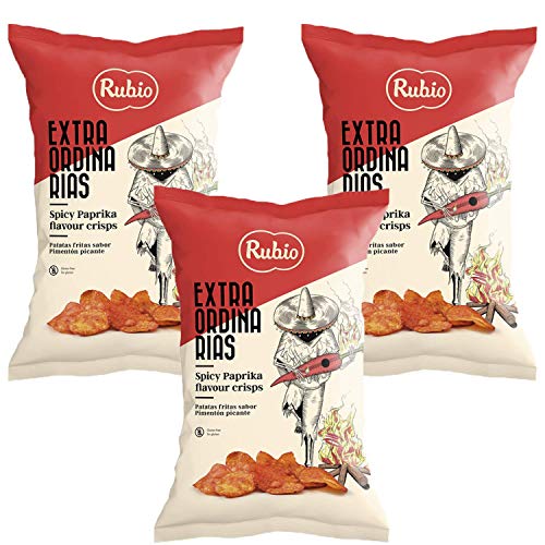3x Rubio Chips, Scharfe Paprika Chips, Glutenfrei, Vegan, Großpackung, Spanische Kartoffelchips, Chipstüten, Snack, 110 g von Rubio