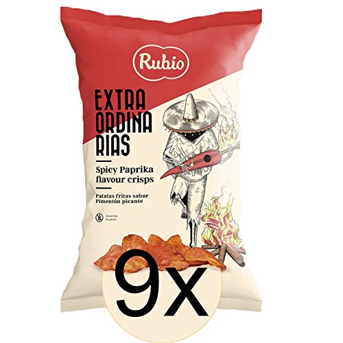 9x Rubio Chips, Scharfe Paprika Chips, Glutenfrei, Vegan, Großpackung, Spanische Kartoffelchips, Chipstüten, Snack, 110 g von Rubio