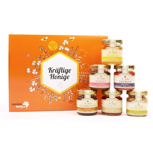 Rüdiger Feldt "Kräftige Honige" Probierset mit 6x50g verschiedenen Honigsorten wie Manuka-, Buchweizen-, Thymian-, Rosmarin-, Akazien- Eukalyptushonig Rüdiger Feldt "Kräftige Honige" Probierset mit 6x50g verschiedenen Honigsorten wie Manuka-, Buchweizen-, Thymian-, Rosmarin-, Akazien- Eukalyptushonig von Rüdiger Feldt