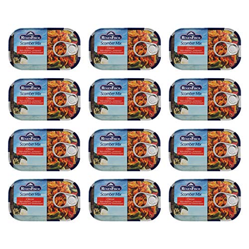 12er Pack Rügen Fisch Scomber Mix (12 x 120 g) Makrelenfilet zerkleinert mit Gemüse und Tomatenmark von Rügen Fisch