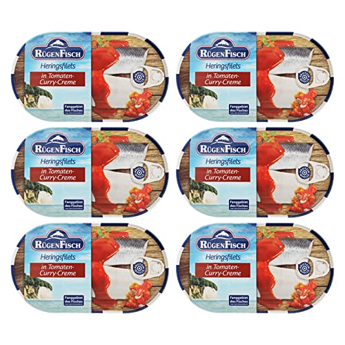 6er Pack Rügen Fisch Heringsfilets in Tomaten-Curry-Creme (6 x 200 g) von Rügen Fisch