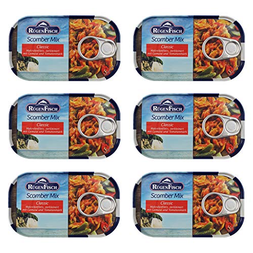 6er Pack Rügen Fisch Scomber Mix (6 x 120 g) Makrelenfilet zerkleinert mit Gemüse und Tomatenmark von Rügen Fisch