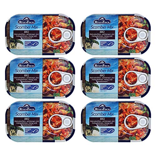 6er Pack RügenFisch Scomber Mix BBQ (6 x 120 g) Fischbüchse Dosenfisch Makrelenfilet Barbecue von Rügen Fisch