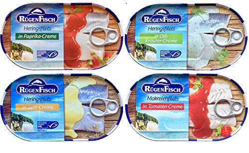Heringsfilet Klassiker Sparpaket: 4 Sorten: Dill Kräuter, Paprika Creme, Tomaten Creme, Senf Creme, je 5 Dosen = 20 Dosen Heringsfilet Klassiker Sparpaket: 4 Sorten: Dill Kräuter, Paprika Creme, Tomaten Creme, Senf Creme, je 5 Dosen = 20 Dosen von Rügen Fisch