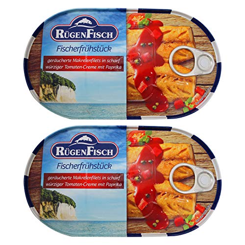 2er Pack Rügen Fisch Fischerfrühstück (2 x 200 g) Makrelenfilets in scharf würziger Tomaten-Creme mit Paprika Fischbüchse Dosenfisch von Rügen Fisch