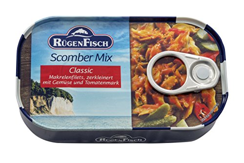 Rügen Fisch Scomber Mix, Makrelenfilets zerkleinert mit Gemüse und Tomatenmark, 120g Rügen Fisch Scomber Mix, Makrelenfilets zerkleinert mit Gemüse und Tomatenmark, 120g von Rügen Fisch