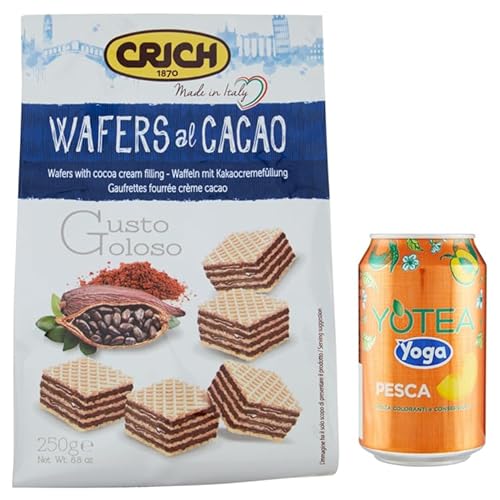 10er-Pack Crich Wafers con Crema al Cacao,Waffel mit Kakaocreme,Süße Snack Kekse 250g Beutel + 1er-Pack Kostenlos Yoga Eistee Pfirsich 330ml Dose von Rummo