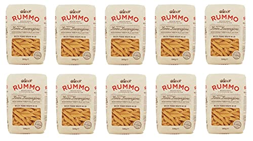 10x Rummo Mezze Penne Rigate N°28 Pasta Lenta Lavorazione Teigwaren aus Hartweizengrieß Bronze-Zeichnung 500g von Rummo