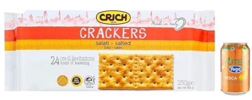 12er-Pack Crich Crackers Salati,Gesalzen Snack,Cracker mit Salzkörnern und Sauerteig 250g Packung,Jede Packung enthält 10 Einzelportionen + 1er-Pack Kostenlos Yoga Eistee Pfirsich 330ml Dose von Rummo